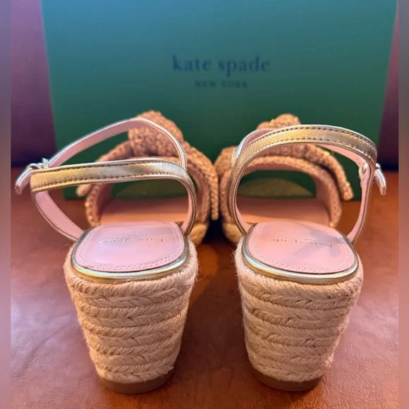 Kate Spade Women LEATHER Bow Strap Espadrille Wedge Platform Sandal 9.5 B GOLD - Picture 7 of 9